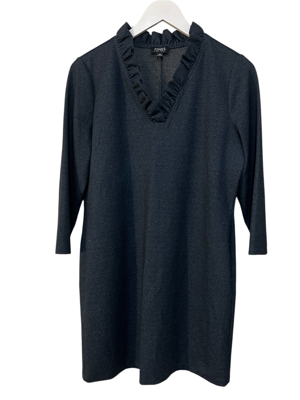 Jones New York Gray Ruffle V-Neck Dress Size 10 Long Sleeve